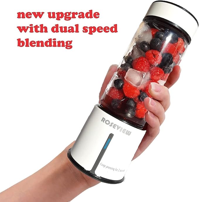 Portable Smoothie Blender ROSEVIEW Glass Cordless Mini Shakes Cup blend for smoothies USB rechargeable juicer 2 battery Handheld Personal travel Jet mixer