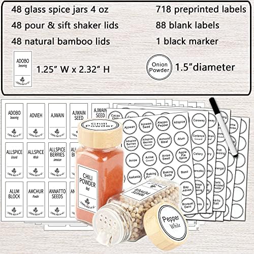 48 Pcs 4 oz Glass Spice Jars with 806 Spice Labels, Bamboo Lids