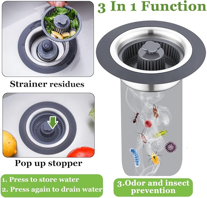 3 in 1 Kitchen Sink Drain Strainer and Stopper Combo, Stainless Steel Pop Up Kitchen Sink Stopper, Sink Drain Strainer for Standard 3-1/2 Inch Drain