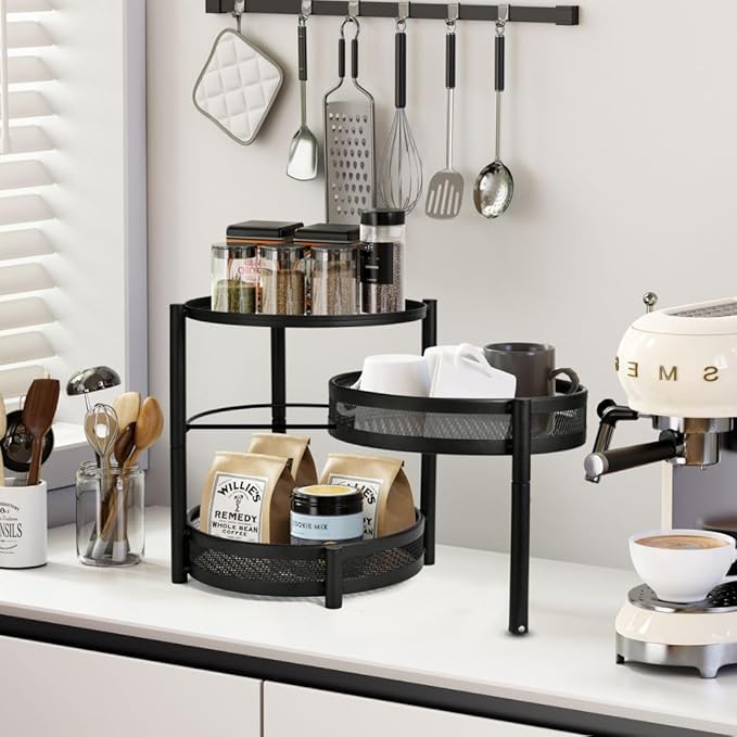 IBERG 3 Tier Spice Organizer with Rotating Middle Tier, Space Saving Kitchen Countertop Rack, Metal Pantry Organizer for Spices, Jars & Seasoning (Black)