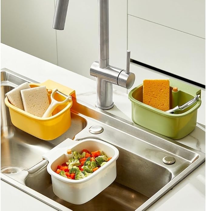 Kitchen Sink Strainer Basket, Faucet Hanging Strainer, Multi-Functional Food Colander,Press Automatic Dumping Kitchen Draining Basket, Easy Drain Filter with Bottom Release (White)