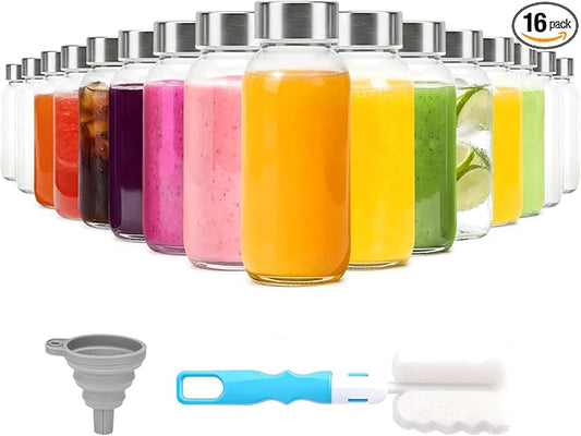 Luxfuel 8 oz Glass Water Bottles with Lids, 16 Pack Small Glass Juice Bottles with Stainless Steel Caps & Funnel, Leak-Proof Containers for Juicing, Milk, Ginger Shots, Smoothies, Wellness Drinks