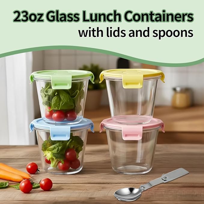 3 Cup Round Glass Soup Containers with Lids and Spoon, 24oz Round Glass Food Containers, BPA free Tall Meal Prep Bowls for Soup Leftover, Microwave, Dishwasher, and Freezer Safe (4 Packs)