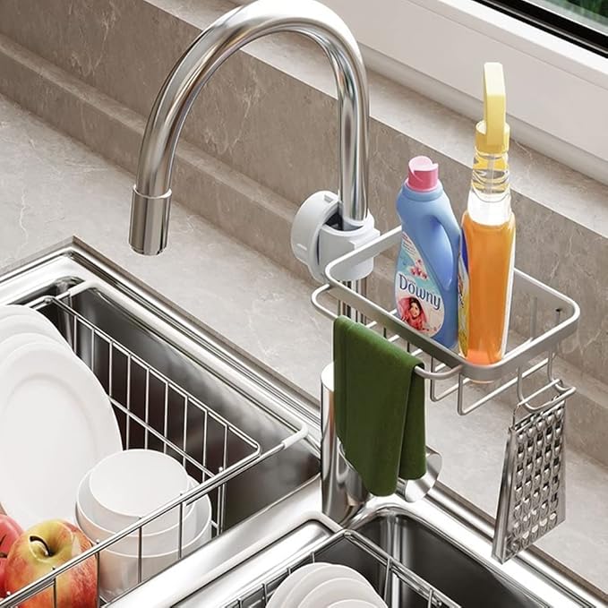Silver Faucet Sponge Holder - Kitchen Sink Organizer (Right) - 6 Towels