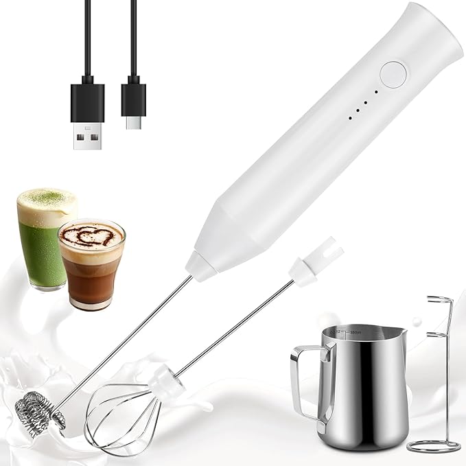 Powerful Milk Frother, Electric Handheld Milk Frother with Stand