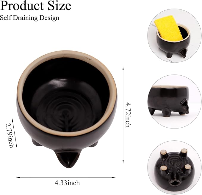 Ceramic Sponge Holder with Drainage, Modern Black Sink Caddy Organizer, Sponge Dish Rack for Soap, Brushes, Keeps Countertop Dry, Kitchen Sink Accessory