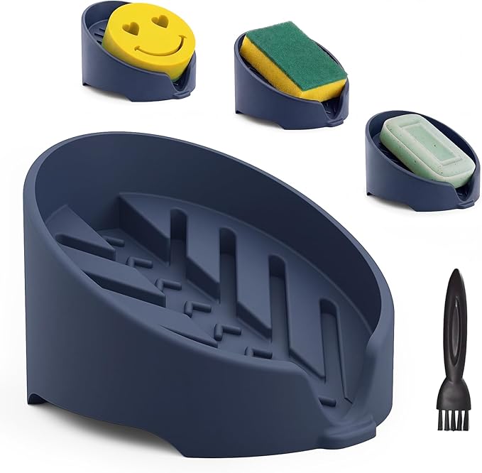 NiHome Silicone Sponge Holder Compatible with Scrub Daddy Mommy Sponges for Kitchen & Bathroom, Auto Draining Organizer, Holds Multiple Sponges & Cleaning Tools, Food-Grade, Dishwasher Safe(Dark Blue)