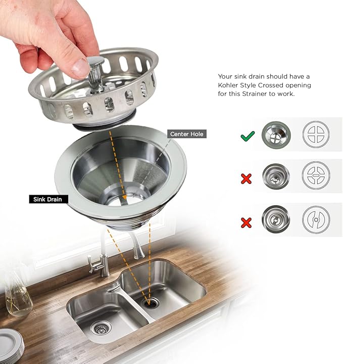 Highcraft 97343 Kitchen Sink Basket Strainer Replacement for Standard Drains (3-1/4 Inch) Stainless Spring Steel Closure and Rubber Stopper, Stainless Steel (Pack of 2)
