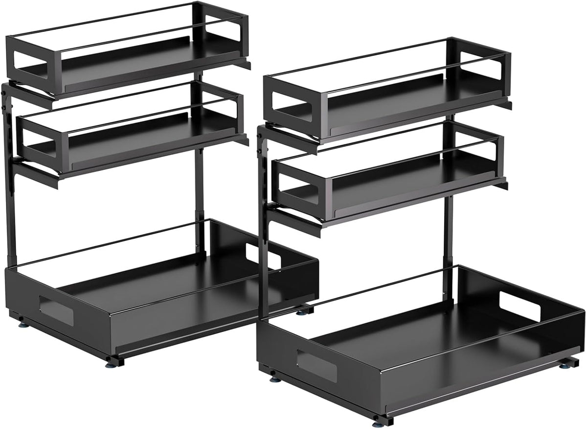 Under Sink Organizer 2 Pack, 3-Tier Pull Out Under Kitchen Sink Organizer, Bathroom Under Sink Storage Organizer with Solid Metal Shelves, Adjustable Height, 60 lb Capacity, Black