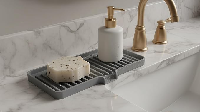Silicone Soap Dish Tray and Sponge Holder with Drain Chute, Rectangular, Kitchen and Bathroom Sink Organizer (Pistachio, 9"x3.5")