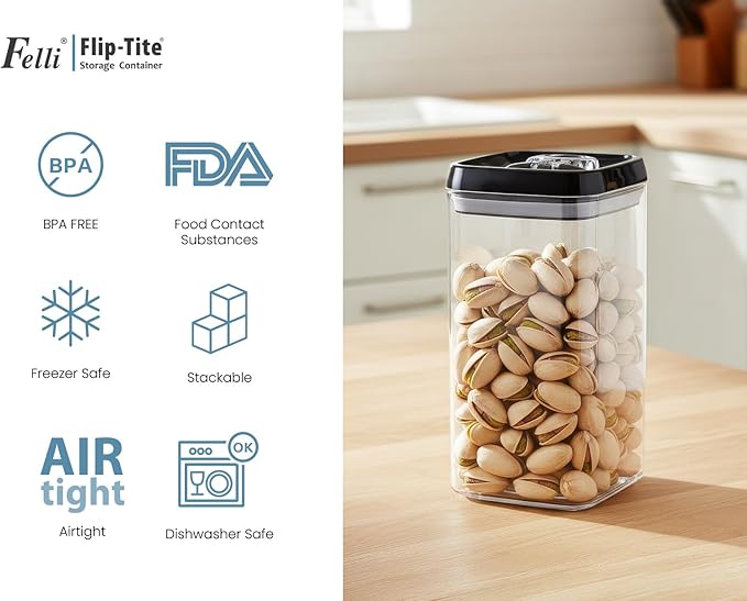 Felli Flip Tite Food Storage Container with Lid Airtight 4" Ring Seal Flip Top, Stackable Acrylic Canister Jar for Pantry Kitchen Counter, Snack Coffee Bean Granola Pet Treats Cracker Holder (1.2 L)
