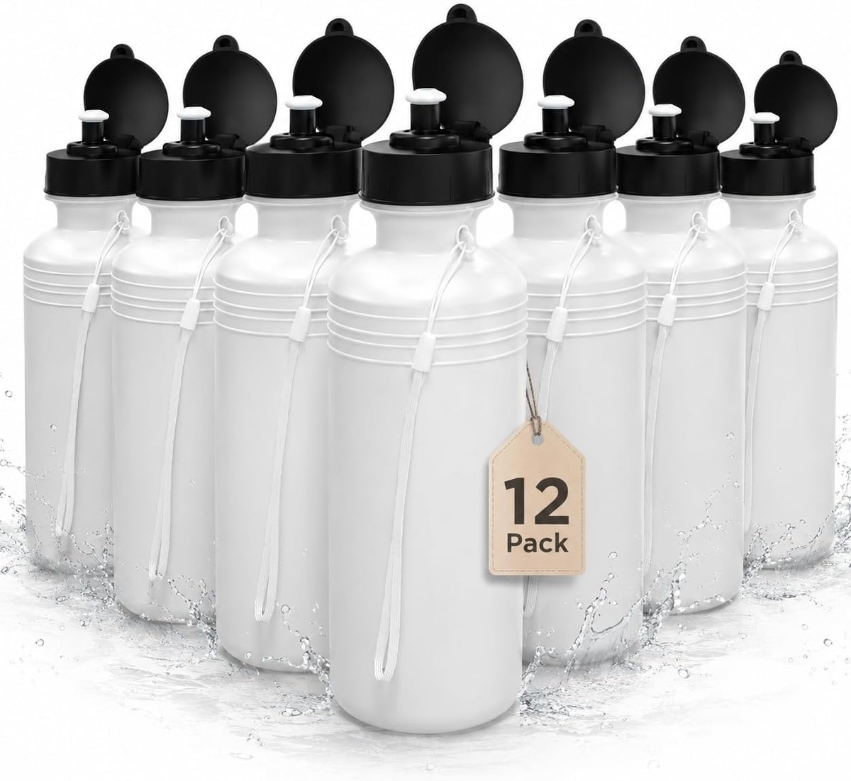 Sports Water Bottles Bulk (12 Pack) 18 oz Squeeze Reusable Plastic White School Bike Water Bottle for Kids, BPA Free, Party Favor Giveaways, ee, School Kids Bottles