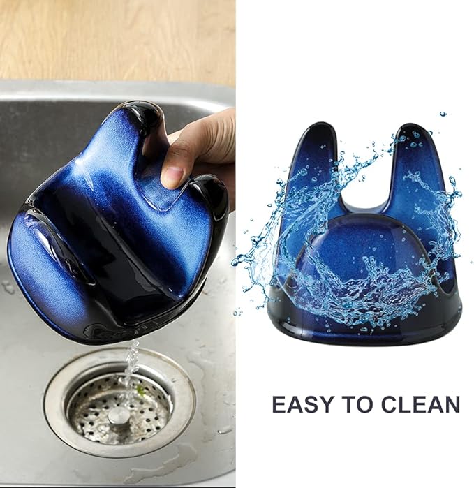 Nihow Pot Lid Holder: Stable Ceramic Pan Lid Holder for Kitchen Counter Decor/Countertop/Stove Top- Heat Resistant & Dishwasher Safe - Elegant Black & Blue Set of 2