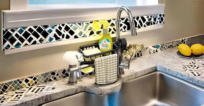 Kitchen Sink Faucet Organizer, Dish Sponge Holder Over Faucet Kitchen Sink Caddy Organizer with Hook for Bathroom, Scrubbers, Soap, Work with 0.7-1.1inch Round Water Pipe (Black,Left)