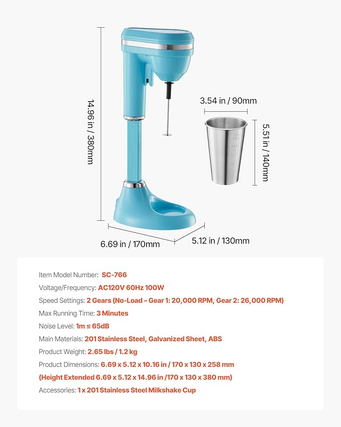 VEVOR Milkshake Maker, 100W Milk Shake Maker Mixer, Single Head Drink Mixer Blender Machine, Dual-Speed Adjustment Milkshake Blender with Stainless Steel Cup, for Home, Kitchen, Bar & Beverage Shop