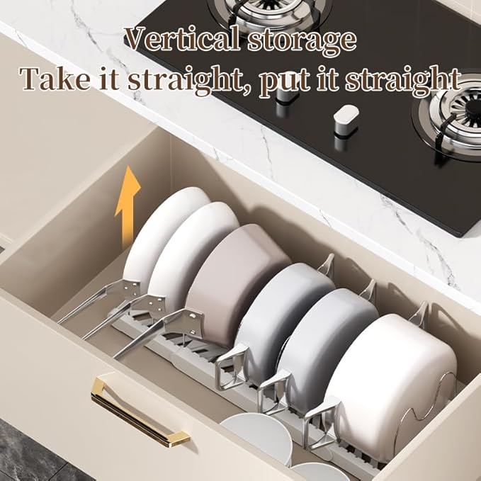 Expandable Pots and Pans Organizer Under Cabinet, 7 Stainless Steel Dividers, HIPS Base, 13-22 inch Heavy Duty Pan Rack with Lid Holder, Pot Organizer Inside Cabinet for Kitchen Storage