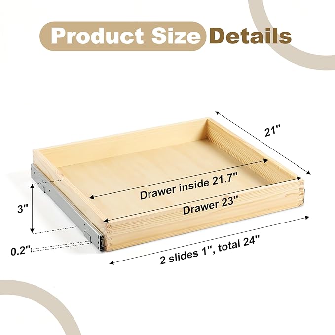 23" Pull Out Cabinet Drawer (Fits 24" Cabinet Opening), Wood Slide Out Cabinet Shelf Organizer with Ball Bearing Slides, Clear Lacquer Finish, Heavy Duty Kitchen Cabinet Pull Out Shelves