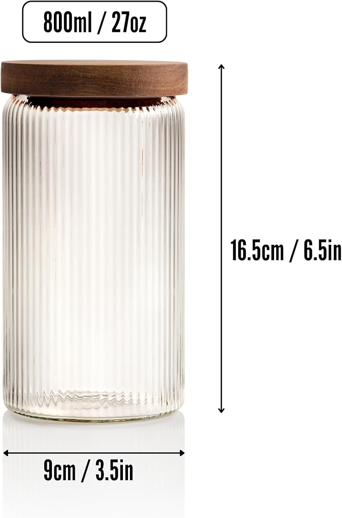 Mason & Fable Ribbed Glass Jar, Stackable & Airtight Wooden Lid- Storage Canister for Cookies, Treats, Tea or Sugar - High End Look for Kitchen, Pantry, Bar or Bathroom -27 fl oz, Single