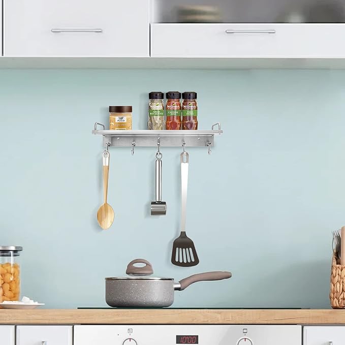 Audmore Kitchen Utensil Rack, Spice Rack with Hooks Wall Mount, Over the Stove Shelf, Stainless Steel, Hanging Storage Wall Shelf for Spatula Spoon, Seasoning Jar Organizer