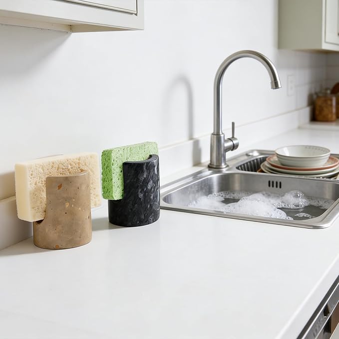 Marble Sponge Holder for Kitchen Sink Dish Sponge Caddy Rustic Farmhouse Decor (Dark Camel)