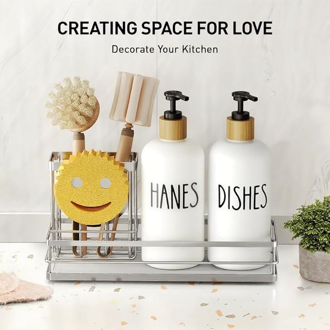 Moforoco Kitchen Dish Soap Dispenser Set, 16OZ Glass Bottle, Hand and Dish Soap Dispenser Set, Instant Dry Tray, Brush Holder with Smiley Face Sponge Holder (Silver Tray+White Bottle)
