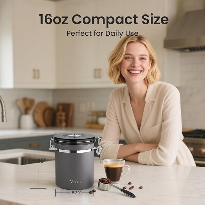 Veken Coffee Canister, Airtight Stainless Steel Kitchen Food Storage Container Holder for Beans, Ground, Tea, Flour, Cereal, Sugar, Espresso, Bar Accessories, Lids, Jars, Sealed Tin, Scoop,16OZ, Gray