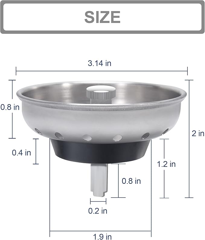 KONE 2PCS Kitchen Sink Basket Strainer Replacement for 3-1/2 Inch Standard Drains Brushed Stainless Steel Body Metal Center Knob with Rubber Stopper