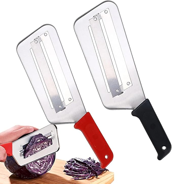 Cabbage Chopper Shredder - 2 Pcs Stainless Steel Kitchen Knife for Slicing, Grating & Shredding - Perfect for Sauerkraut, Coleslaw, Vegetables - Sharp Blades, Easy to Clean & Durable (Red+Black)