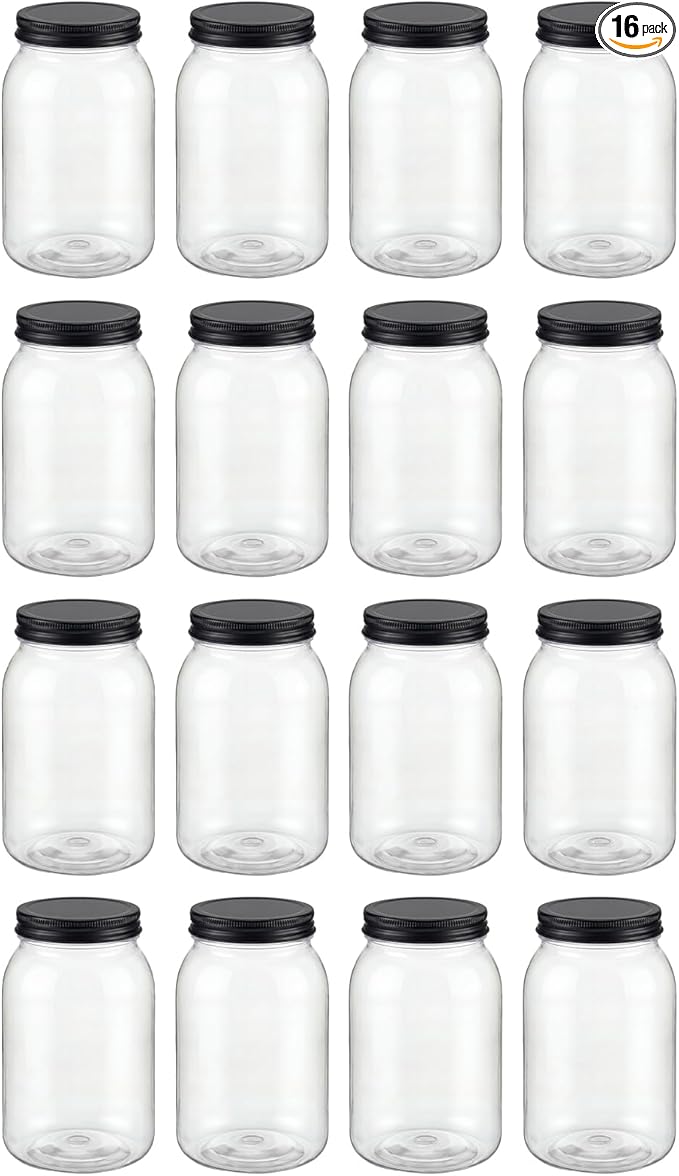 novelinks 32 oz Mason Jars with Plastic Lids, 16 Pack Large Plastic Salad Jars with Lids 32oz, Reusable Spice Containers & Kitchen Jars for Pantry Organization (16 Pack,Black)