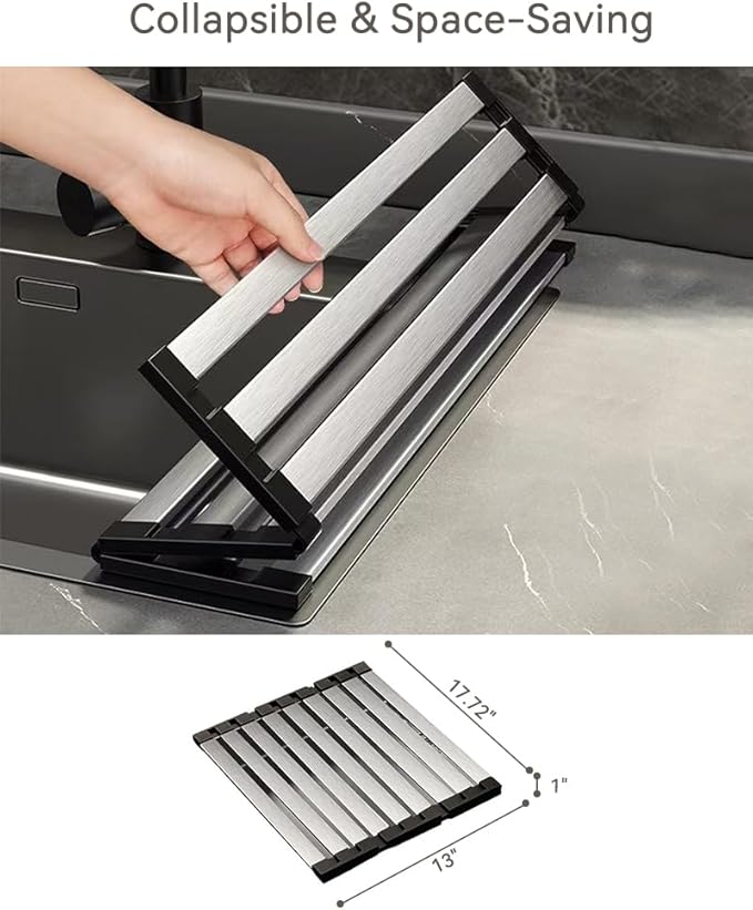 17.72" Dish Drying Rack Over the Sink, 1.28lb Heavy-Duty 304 Stainless Steel, Non-Slip Silicone Edges, Folding Space-Saving for Home & RV Kitchen, Dish Drainer, Cooling Rack & Sink Cover
