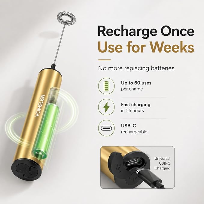 Rechargeable Electric Milk Frother Handheld,2-Speed Travel Frother with Tube Case, Milk Foamer Coffee Frother for Latte, Cappuccino, Drink Mixer with 2 Stainless Whisks and Charger Golden