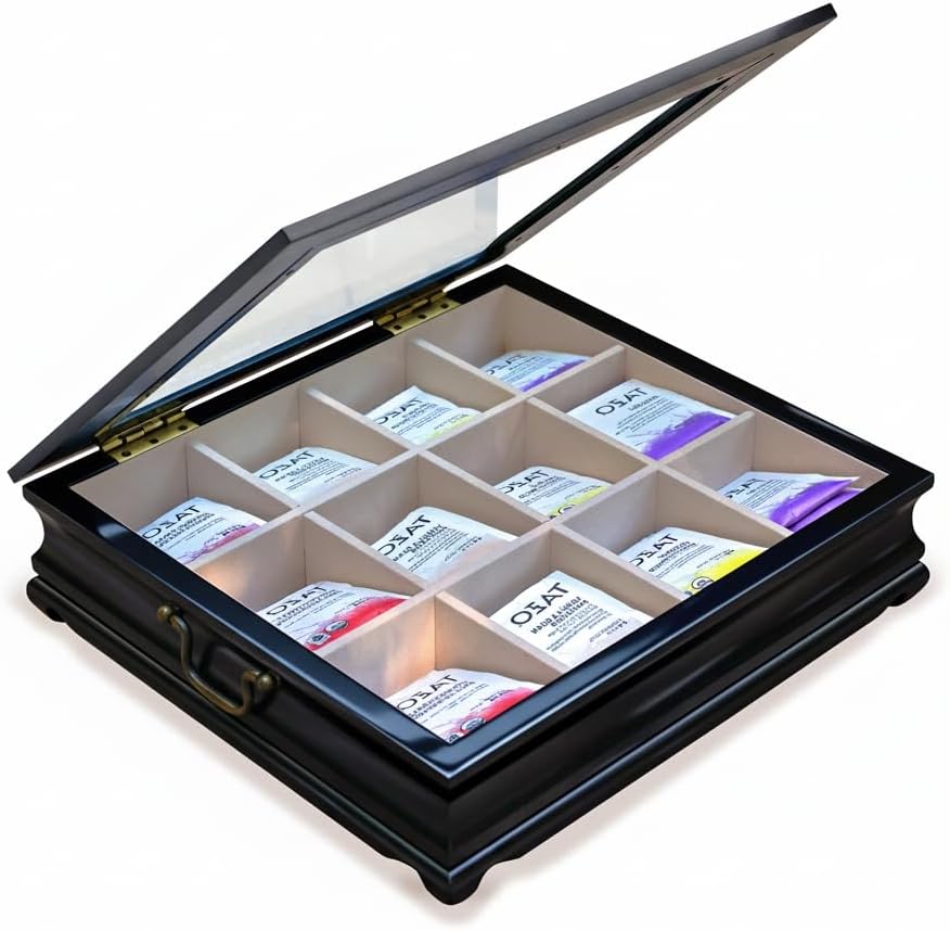 Tea Chest 12 Compartments Tea Bag Large Storage Box with Beveled Glass Lid