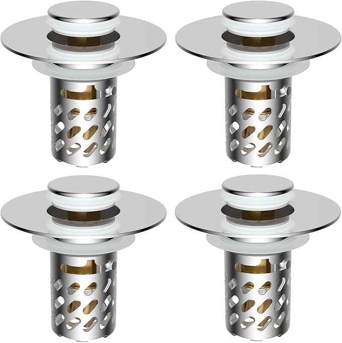 iFealClear 4 Pack All Metal Bathroom Sink Stopper, Pop Up Sink Drain Strainer with Removable Stainless Steel Filter Basket, Universal for 1.1"-2.36" Sink, Brass Bounce Core, Hair Catcher, Chrome