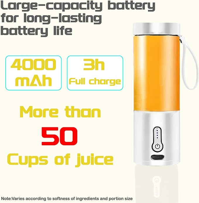 Portable Juicer Smoothie Blender USB Rechargeable Food Processor Fruit Mixer Machine Mini Juicer Blender Cup 530ML [White]