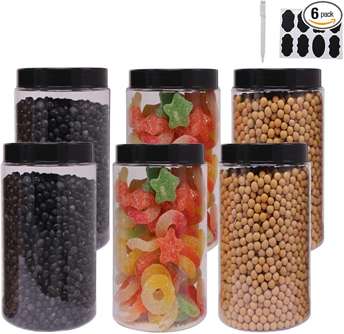 zmybcpack 6 Pack 40 oz Plastic Jars With Lids, Extra Labels, 1 Pen, Clear PET Seal Jar for Food Storage,Wide Opening Storage jar for Dry Food, Peanut, Powder, Kitchen & Craft Storage