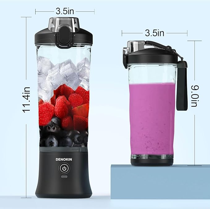 DENOKIN Portable Blender, Shakes and Smoothies Cordless Personal Size Blender 20oz with 6 Blade and a Travel Lid (Elegant Black)