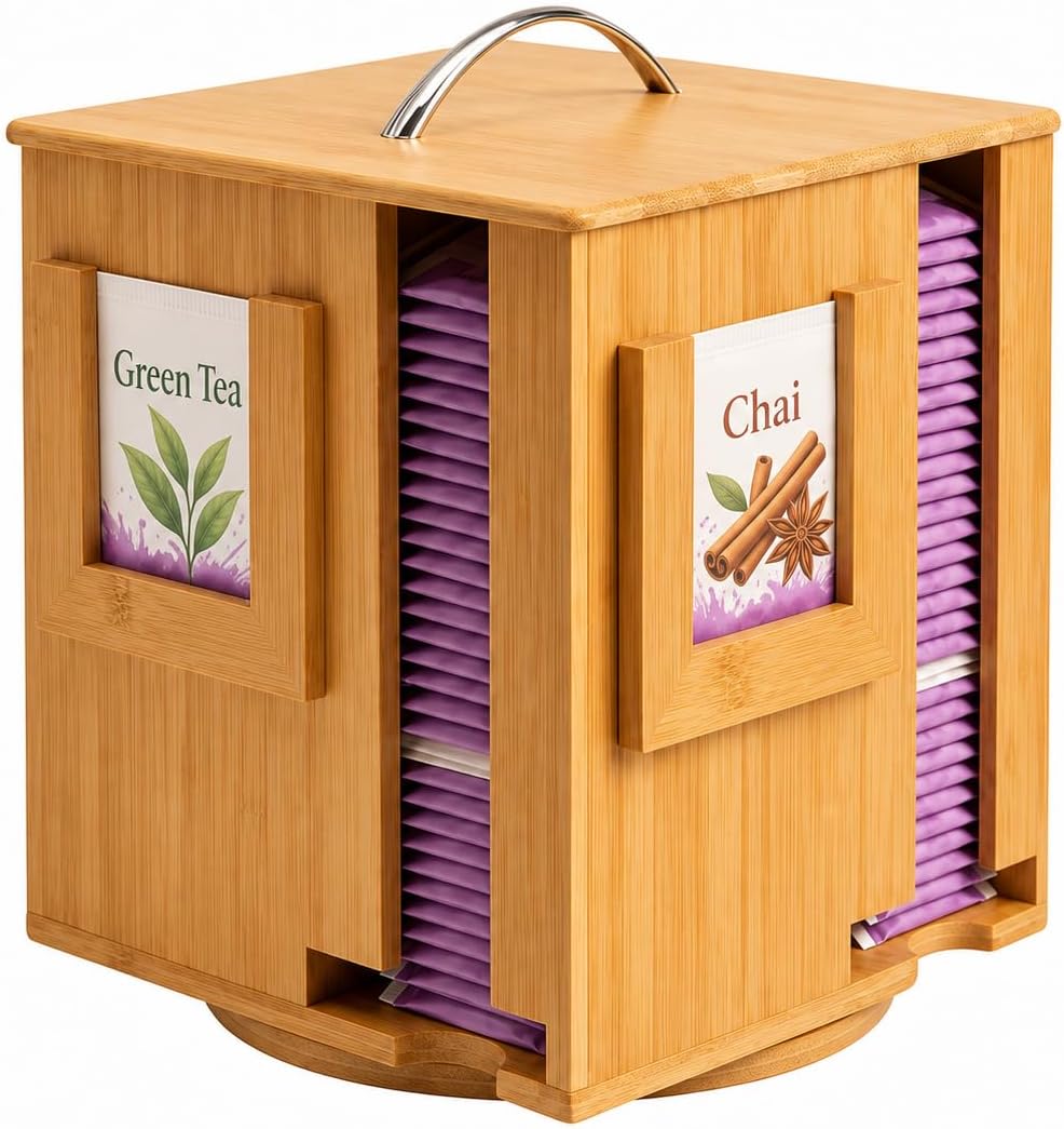 Bamboo Tea Bag Organizer & Holder, 240+ Capacity, 4 Slots, No Assembly