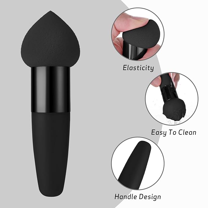 Sibba 3Pcs Mini Makeup Sponge Set Foundation Concealer Blending Puff with Angled Brush Applicator Handle, Portable Packaging for Face, Eyebrow, and Powder Application(black)