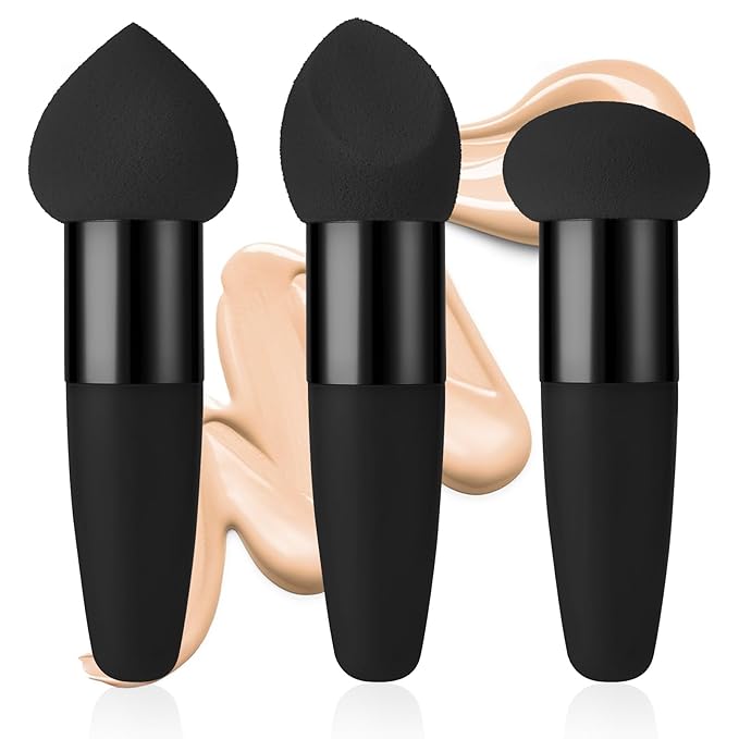 Sibba 3Pcs Mini Makeup Sponge Set Foundation Concealer Blending Puff with Angled Brush Applicator Handle, Portable Packaging for Face, Eyebrow, and Powder Application(black)