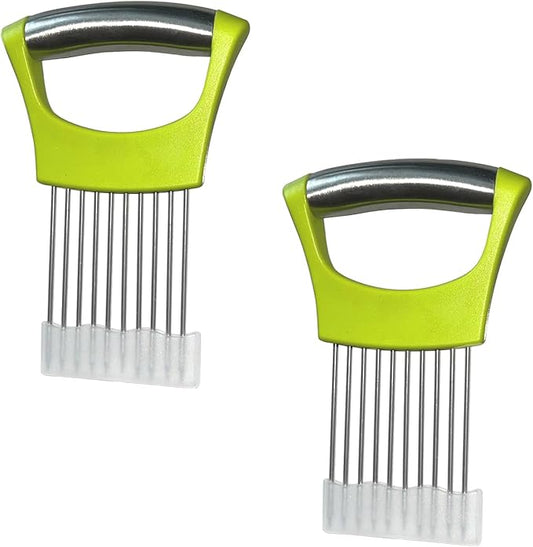 2 PCS Onion Slicer Holder – Stainless Steel Meat Holder, Meat Chopper | Multi-Purpose Kitchen Safety Tool for Fruits, Vegetables & Meat | Easy Clean, Uniform Slices | (Green)