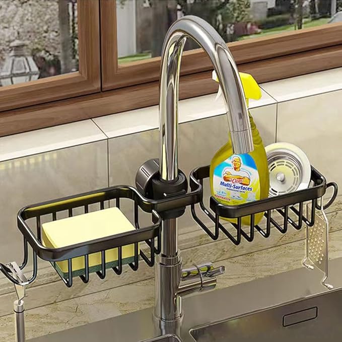 Upgraded Kitchen Sink Caddy Organizer with Dish Towel Drying Rack & Hooks Over Faucet Hanging Faucet Drain Rack for Sink Organizer (Double, Black)