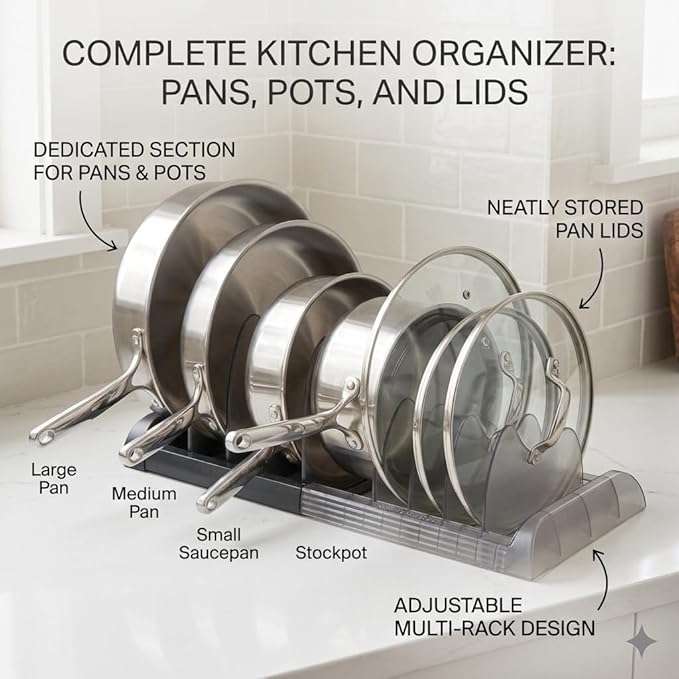OMIO Pot Lid Organizer for Cabinet, A-560 Heavy Duty ABS Pan Rack Adjustable 9.8-22.8 inch with 8 Removable Dividers, Under Sink Storage for Cookware, Cutting Board, Dark Gray