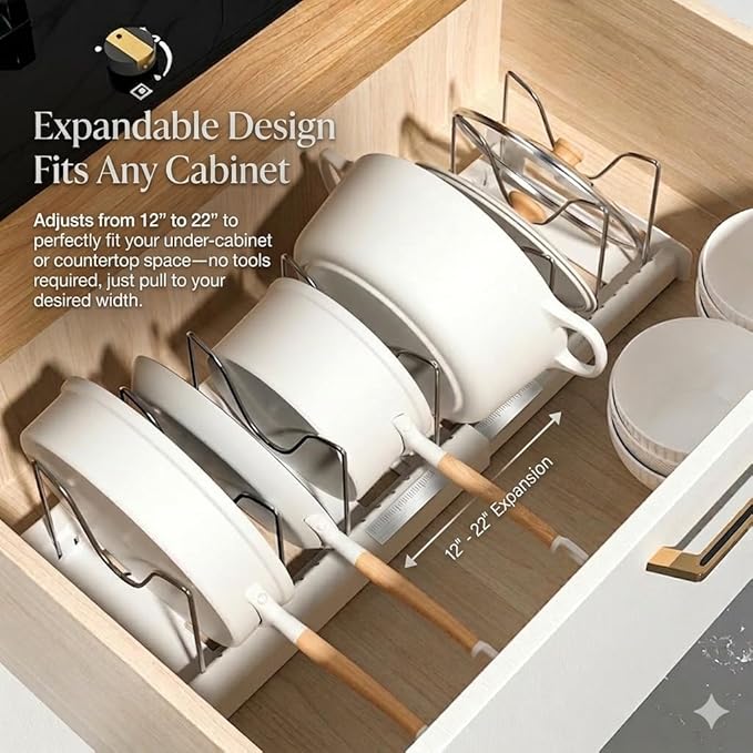 OMIO Expandable Pots and Pans Organizer Rack Under Cabinet, 12"-22" Adjustable Lid Holder with 7 Stainless Steel Dividers, White ABS Kitchen Storage for Lids, Pans, Cutting Boards