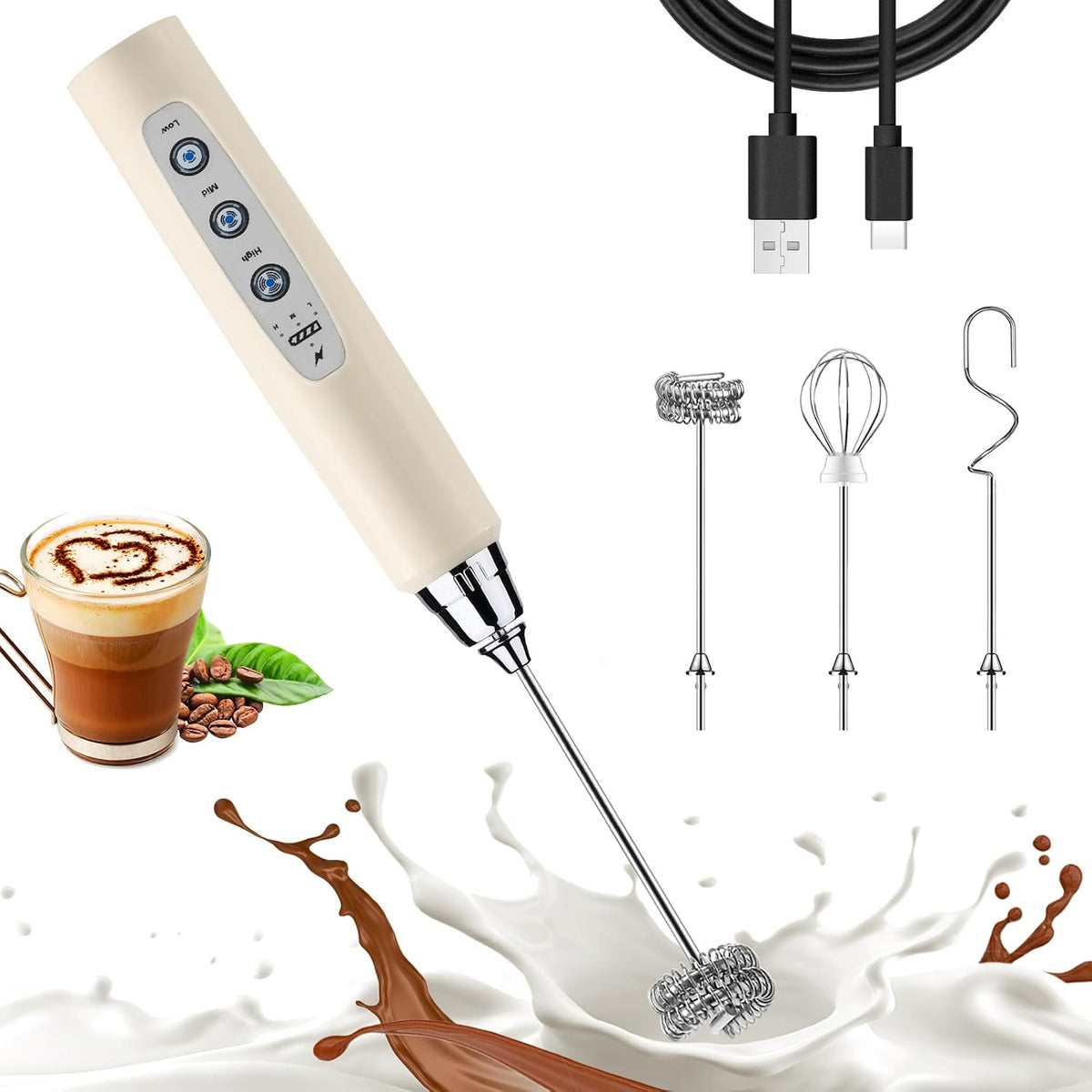 Beige Milk Frother Wand for Coffee, Frother Handheld Rechargeable Electric Whisk with 3 Heads 3 Speeds Drink Mixer Coffee Frother Foam Maker For Latte, Cappuccino, Hot Chocolate, Egg