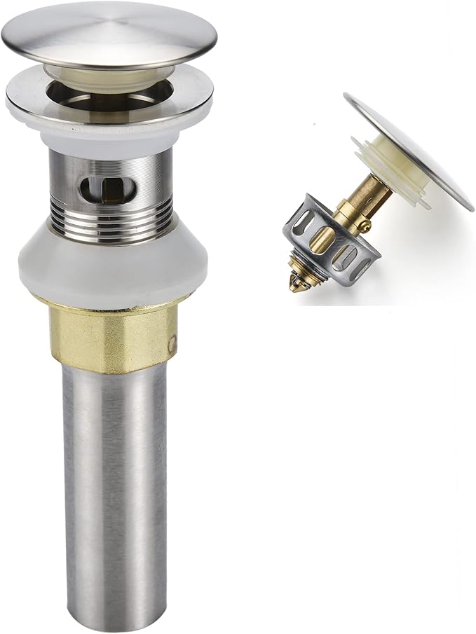 Rockgoya Bathroom Sink Drain,Drain Stopper Bathroom Sink with Overflow,Pop Up Drain Assembly with Detachable Strainer Basket,Built-in Anti-Clogging Strainer,Stainless Steel Brushed Nickel