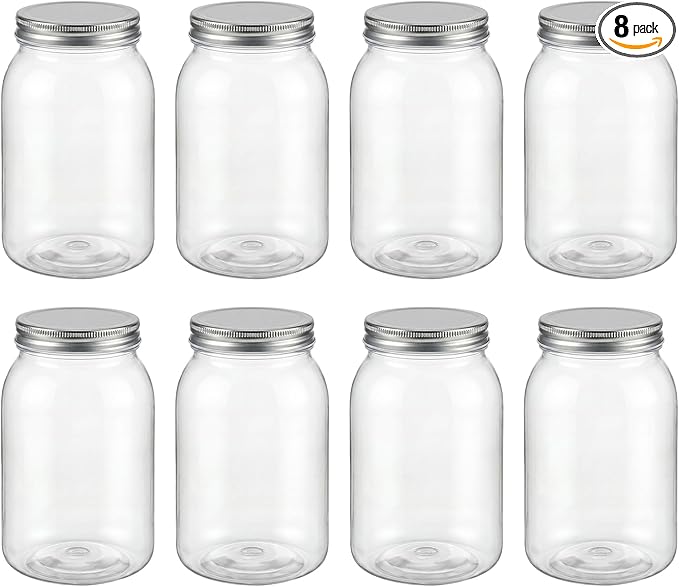 novelinks 32 oz Mason Jars with Plastic Lids, 8 Pack Large Plastic Salad Jars with Lids 32oz, Reusable Spice Containers & Kitchen Jars for Pantry Organization (8 Pack,Silver)