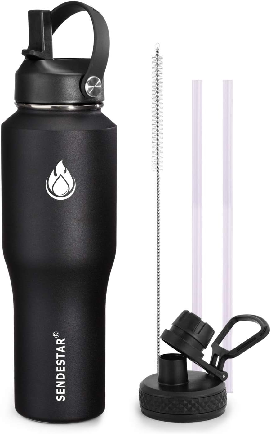 Water Bottle 32oz,2 Lids(Straw lid),Wide Mouth Stainless Steel Vacuum Insulated Double Wall Keep Liquids Cold or Hot All Day,Sweat Proof Sport Design,Fit Car Cup Holder(Black)