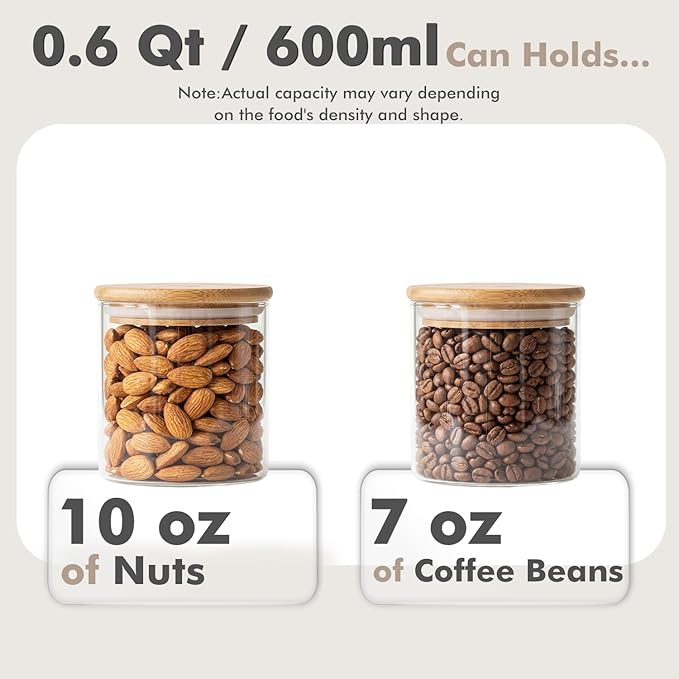 6-Pack 0.6Qt Small Round Glass Storage Jars with Bamboo Lids, Pantry Storage Containers for Neat Organization, Ideal for Minimalist Kitchen Organizer, Nut, Coffee Beans, Cookie, Candy, Tea