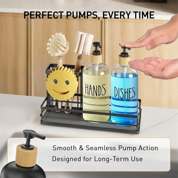 Kitchen Dish Soap Dispenser Set, 16OZ Glass Bottle, Black Tray+Clear Bottle