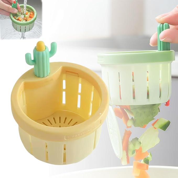 Cactus Kitchen Sink Drain Strainer, 2026 Upgrade Press Automatic Dumping Basket, Multi-Functional Anti-Clogging Kitchen Drainer With Lifting Handle (Yellow)